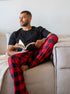 Men Summer Pajama Set Black T-shirt +Black X Red Checkered Pants